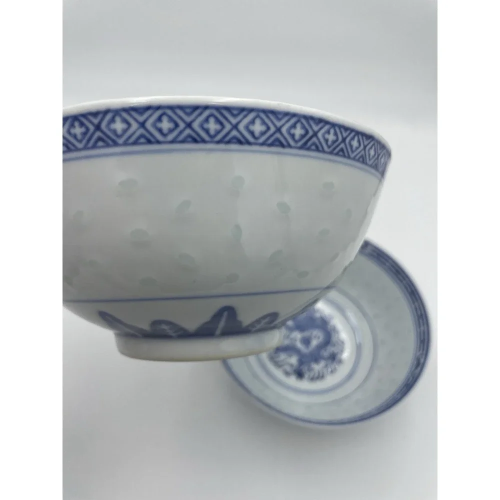Lot of 2 Vintage Chinese Blue and White Rice‎ Grain Bowls with Dragon 6